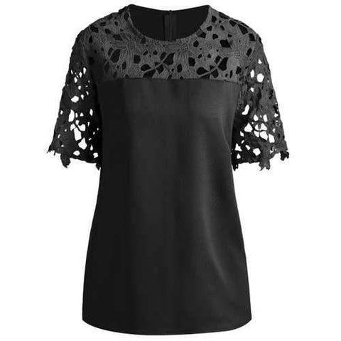 Plus Size Crochet Lace Insert Blouse - Black 4xl