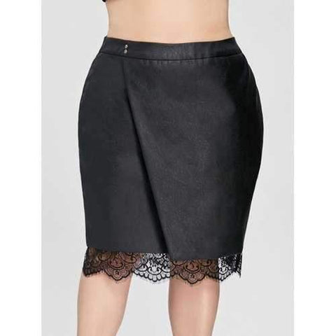 Plus Size Oblique Lace Panel PU Skirt - Black 2xl