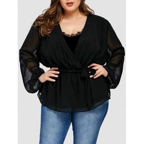 Plus Size Chiffon Panel Wrap Coat - Black 3xl