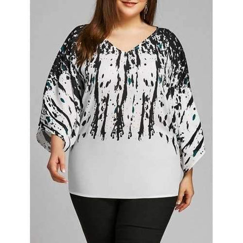 Plus Size Splatter Paint Batwing Sleeve Blouse - White And Black Xl