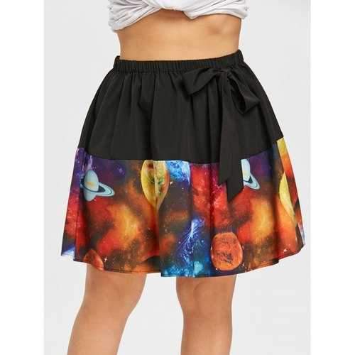 Plus Size Bowknot Galaxy Planet Print Skirt - Xl