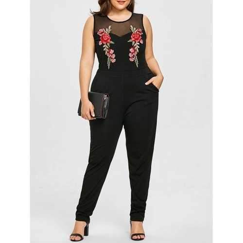 Plus Size Embroidery Mesh Yoke Sleeveless Jumpsuit - Black 3xl