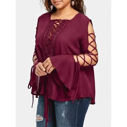 Plus Size Lace Up Bell Sleeve Blouse - Wine Red Xl