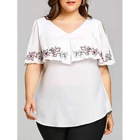 Plus Size Embroidery Cold Shoulder Overlay Blouse - White Xl