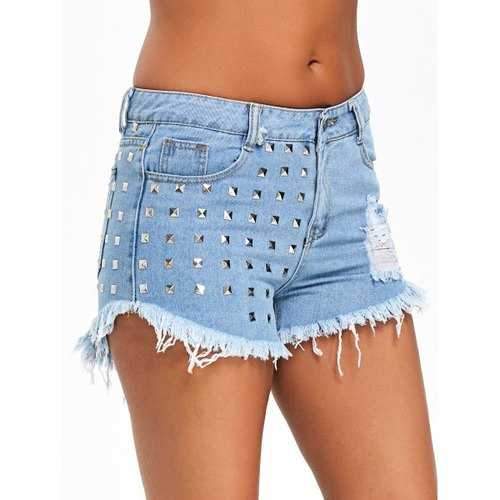 Rivet Embellished Frayed Denim Shorts - Denim Blue S