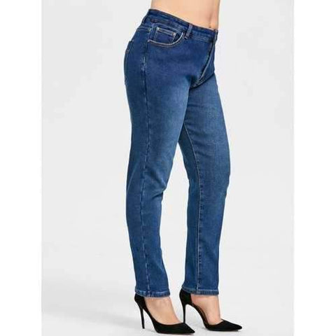 Plus Size Fleece Lined Jeans with Pocket - Blue 5xl