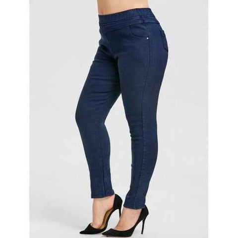 Plus Size Elastic Waist Fleece Lined Jeans - Purplish Blue 5xl