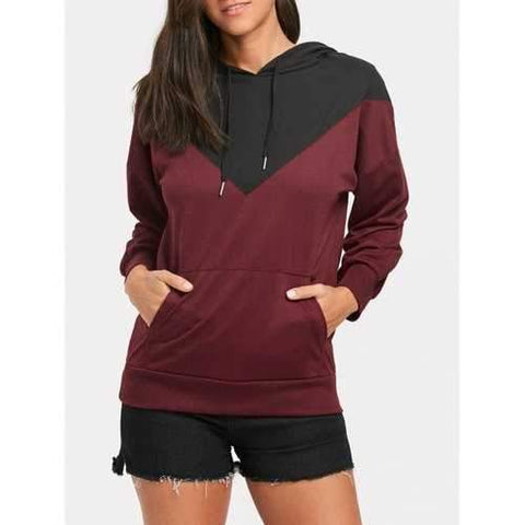 Color Block Kangaroo Pocket Drop Shoulder Hoodie - Black&red S