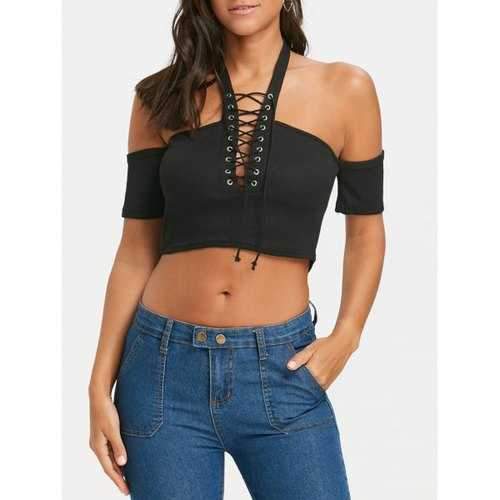 Short Sleeve Cold Shoulder Lace Up Cropped Top - Black M