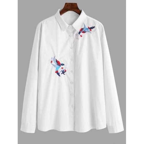 Plus Size Bird Embroidered Shirt - White 2xl