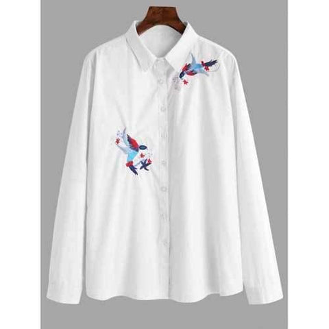 Plus Size Bird Embroidered Shirt - White 2xl