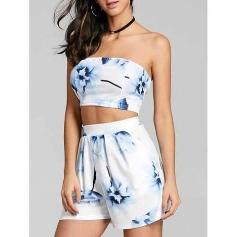 Crop Two Piece Set in Floral Print - Blue S