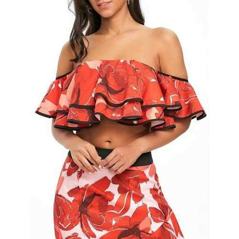 Off The Shoulder Layered Floral Print Crop Top - Red S