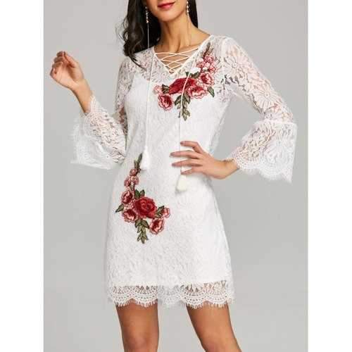 Embroidery Lace Dress with Cami Dress Twinset - White M