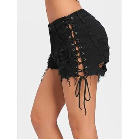 Distressed Side Lace Up Shorts - Black S