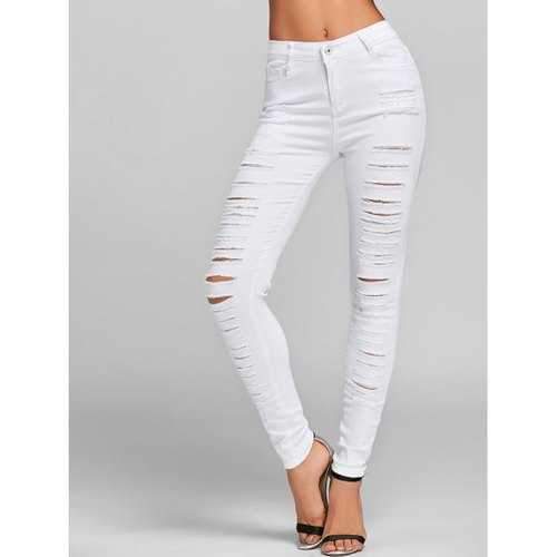 Distressed Skinny Jeans with Pockets - White S