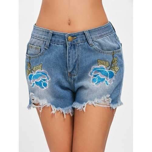 Embroidery Frayed Hem Distressed Denim Shorts - Light Blue S