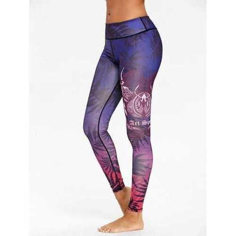 Ombre Leaf Print Skinny Sports Leggings - Purple M