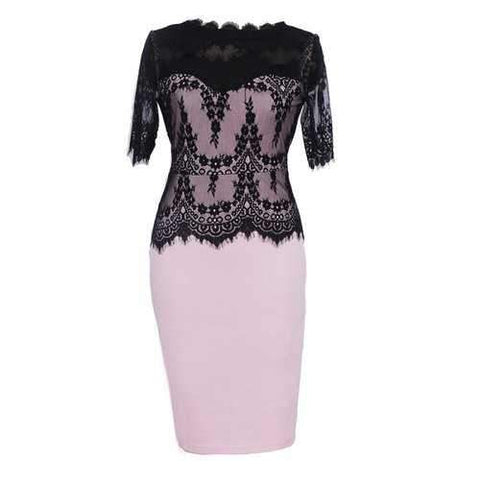 New Elegant Retro Floral Sexy Lace Half Sleeve Peplum Patchwork Party Club Bodycon Pencil Dress - Pink M