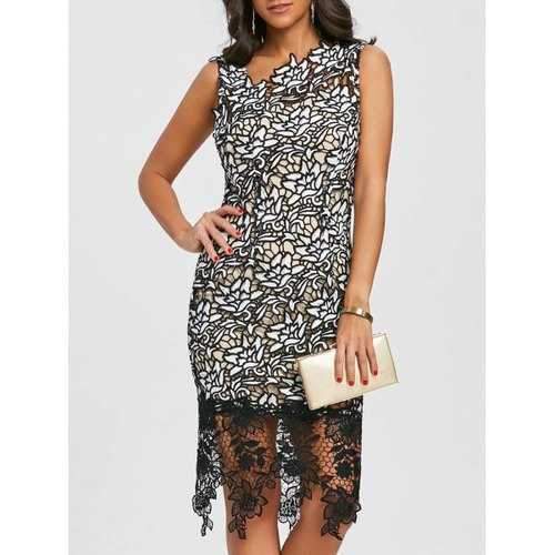 Sleeveless Skew Neck Lace Party Dress - Black M