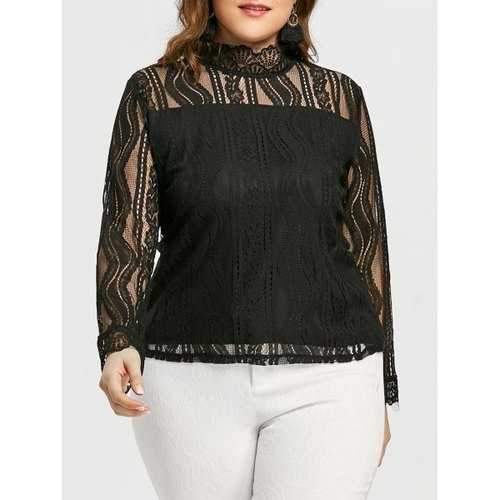 Plus Size High Neck Long Sleeve Lace Blouse - Black 4xl