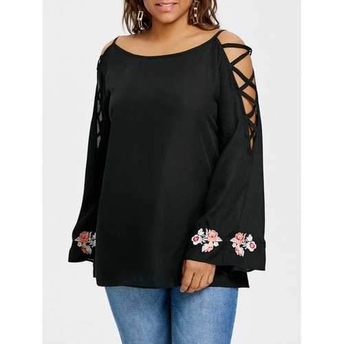 Plus Size Embroidery Lattice Shoulder Blouse - Black Xl