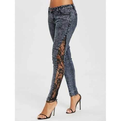 Sheer Lace Side Low Waisted Jeans - Smokey Gray M