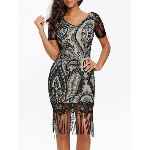 Lace Fringed Midi Bodycon Dress - Black S