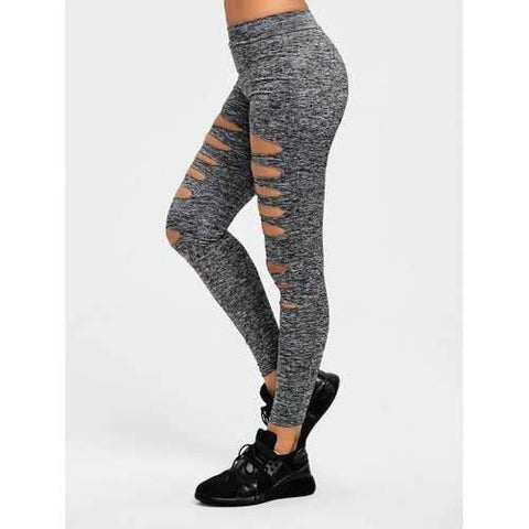 Marled Ladder Shredding Cut Sports Leggings - Heather Gray S