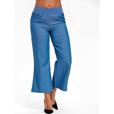 High Waisted Chambray Wide Leg Pants - Blue Xl