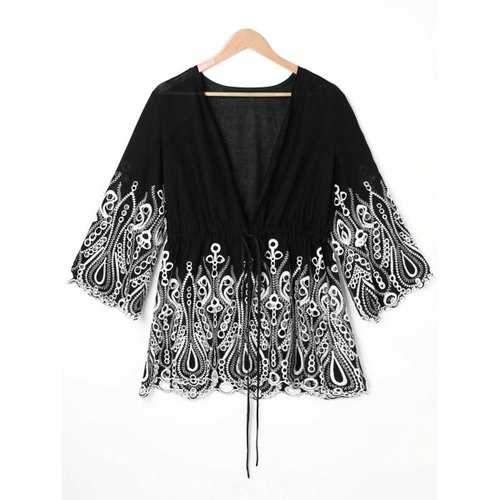 Plus Size Arab Embroidered Open Front Blouse - Black Xl