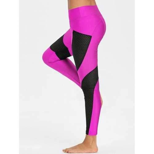 Semi Sheer Workout Leggings with Mesh Panel - Rose Red S