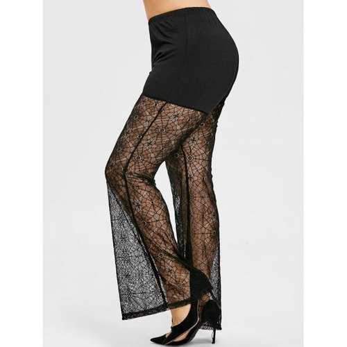 Plus Size Spider Net Lace High Waist Flare Leggings - Black Xl