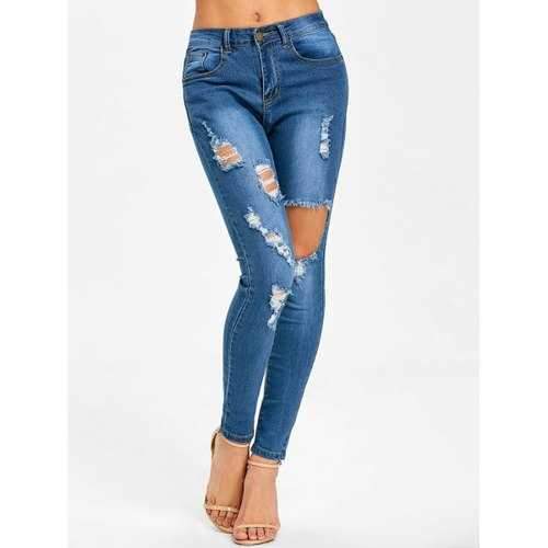 Broken Hole Skinny Destroyed Jeans - Blue 2xl