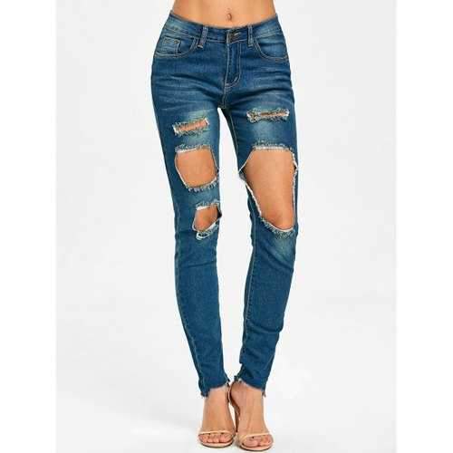 Skinny Destroyed Frayed Jeans - Blue M