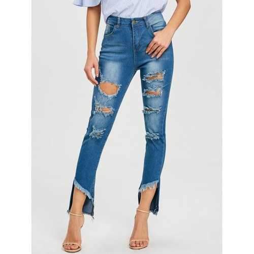 High Waisted Ripped Frayed Jeans - Blue Xl