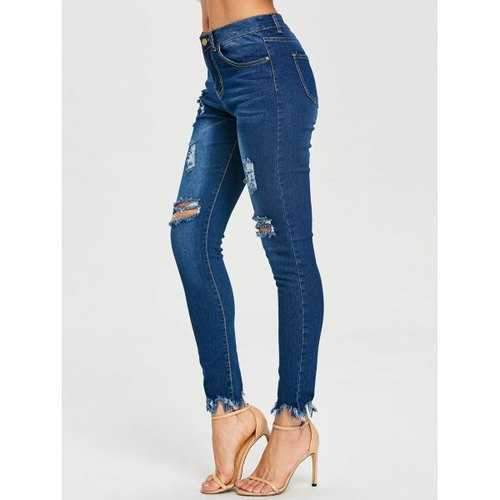 Ripped Skinny Frayed Jeans - Blue M