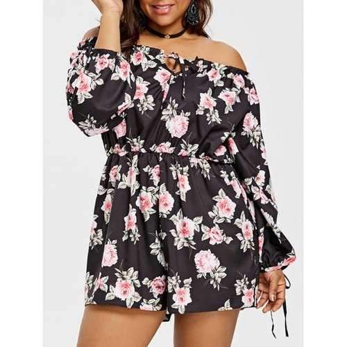 Plus Size Floral Off The Shoulder Romper - Black 3xl