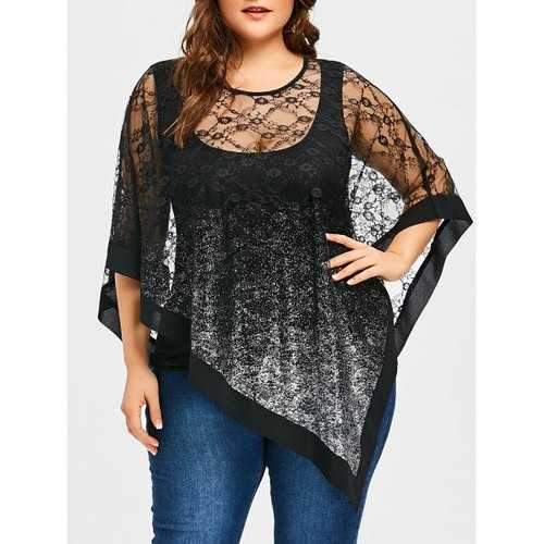 Plus Size Sheer Asymmetric Lace Overlay Blouse - Black Xl