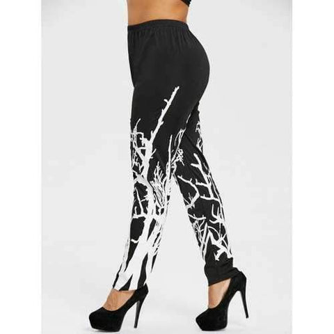 Plus Size Color Block Branches Leggings - Black Xl