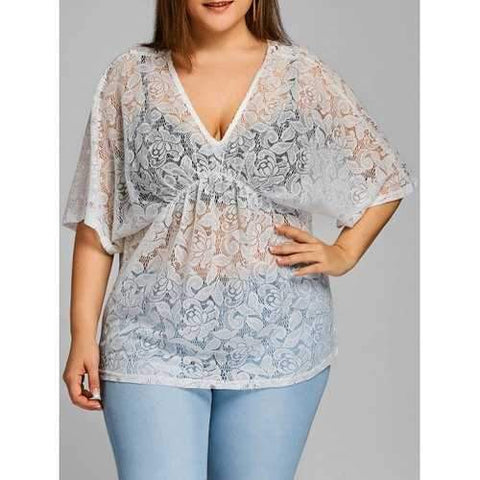 Plus Size Low Cut Floral Lace Blouse - White One Size