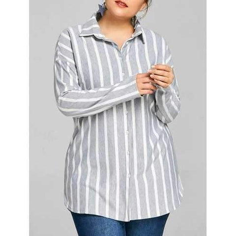 Plus Size Striped Longline Shirt - Gray 2xl