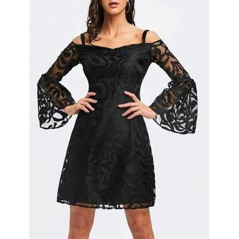 Bell Sleeve Cold Shoulder Lace Bodycon Dress - Black 2xl