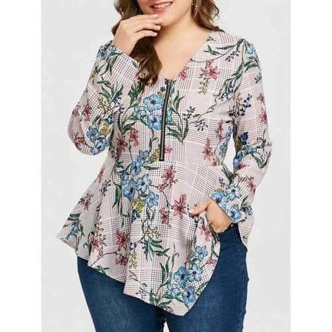 Plus Size Long Sleeve Floral Peplum Blouse - Floral Xl