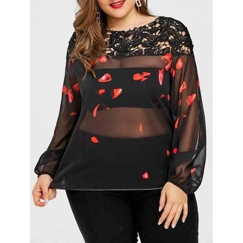 Plus Size Raglan Sleeve Petal Print Blouse - Black Xl