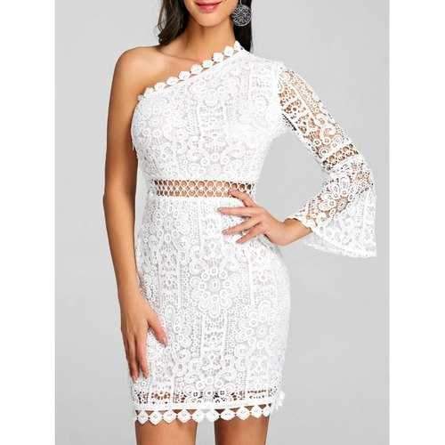 One Shoulder Flare Sleeve Mini Lace Dress - White M