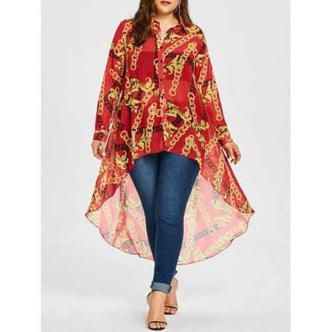 Plus Size Chiffon Print Long High Low Top - Red Xl