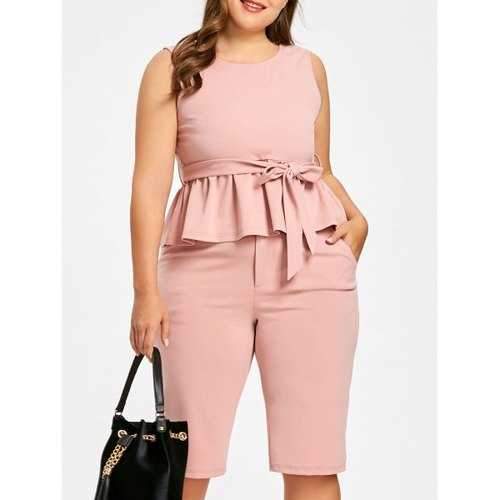 Plus Size Peplum Top with Knee Length Shorts - Light Pink Xl