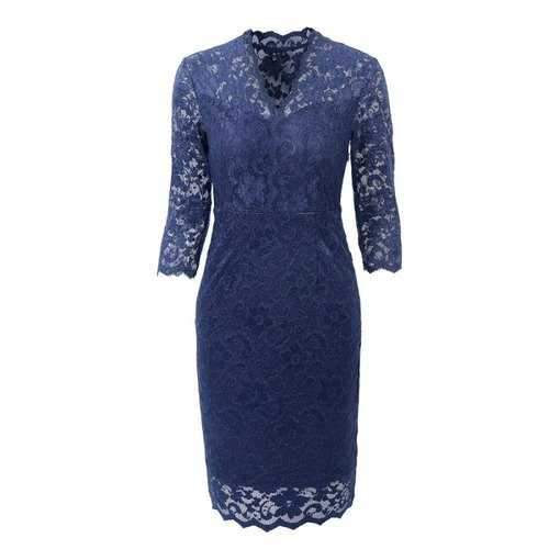 Hot Sale 2018 Embroidery Vintage  Women 3/4 Sleeve Casual Evening Party Lace  Sheath Shift   Dress - Navy Blue S