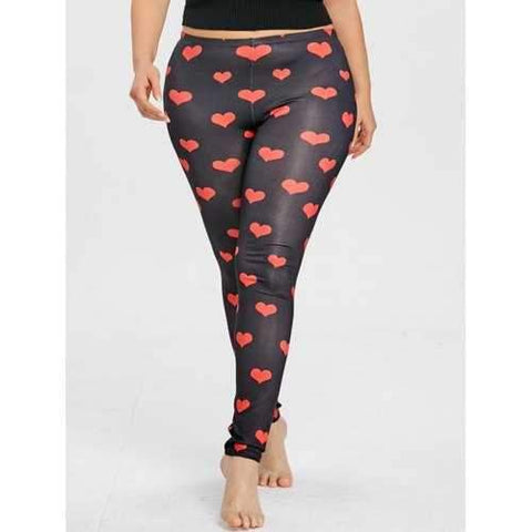 Heart Pattern Plus Size Slim Leggings - Red 2xl